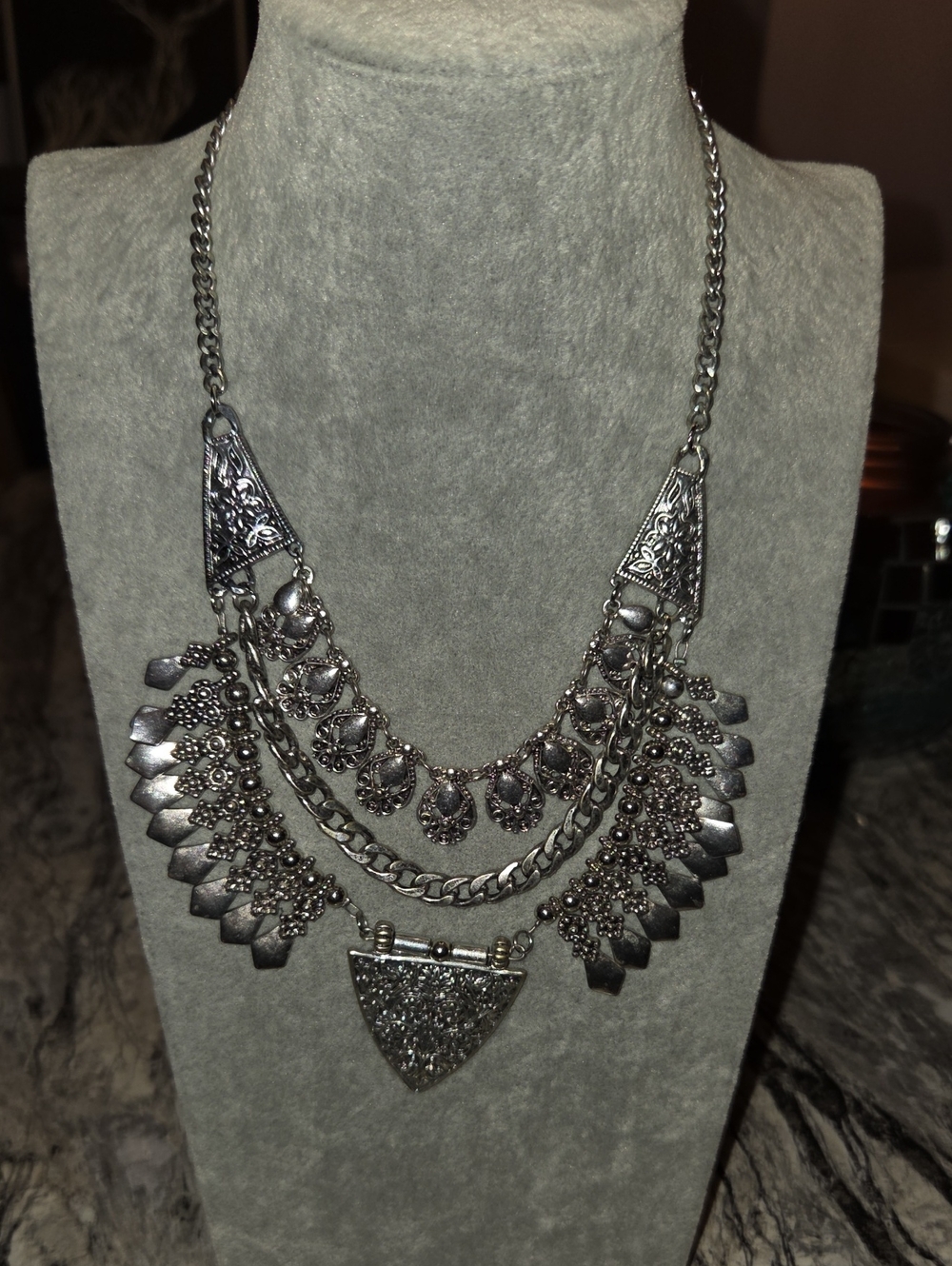 Statement Layered Silver-Tone Bib Necklace